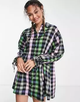 Короткое платье-рубашка оверсайз из хлопка в мелкую клетку ASOS