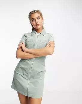 Короткое платье-рубашка серо-зеленого цвета в рубчик с молнией ASOS DESIGN