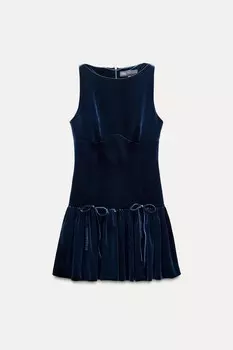 Короткое платье с бантами ZARA, темно-синий
