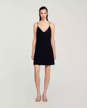 Короткое платье с бретелями со стразами Sandro, черный