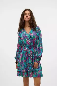 Короткое платье с цветочным принтом и V образным вырезом Vero Moda, розовый