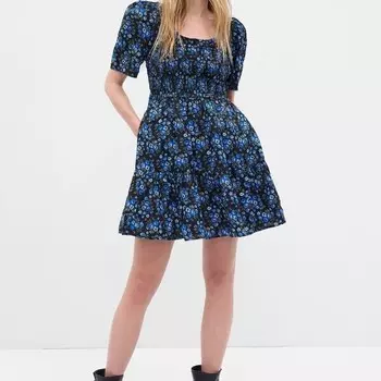 Короткое платье с цветочным принтом и рукавами-фонариками Gap, синий