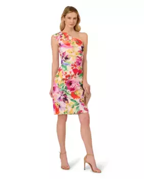 Короткое платье с цветочным принтом и асимметричным вырезом Adrianna Papell, мультиколор