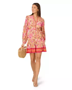 Короткое платье с длинным рукавом в цветочном принте Adrianna Papell, мультиколор