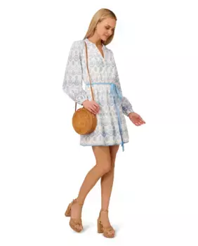 Короткое платье с длинными рукавами и кружевом Adrianna Papell, синий