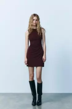 Короткое платье с драпированной платьем ZARA, темно-бордовый