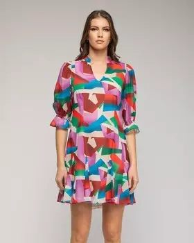 Короткое платье с геометрическим узором и рукавами-буфами Niza, мультиколор