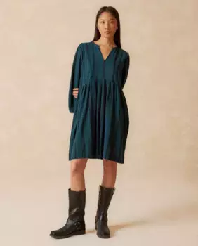 Короткое платье с круглым вырезом и рукавами-фонариками Indi & Cold, темно-синий