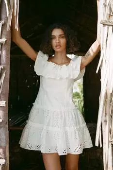 Короткое платье с открытыми плечами ZARA, устричный белый