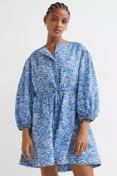 Короткое платье с оттенком льна H&amp;M, синий/узор