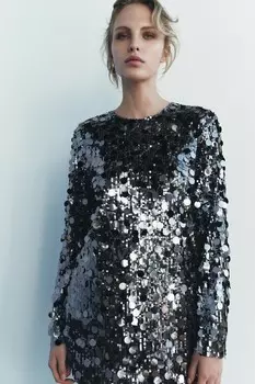Короткое платье с пайетками ZARA, средне-серый