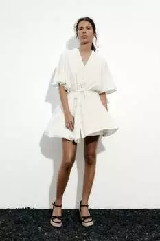 Короткое платье с плетеным поясом ZARA, устричный белый