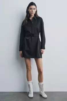 Короткое платье с поясом ZARA, черный