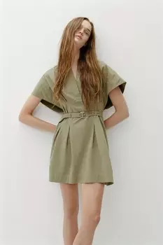 Короткое платье с поясом ZARA, хаки