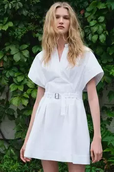 Короткое платье с поясом ZARA, устрично-белый