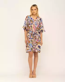 Короткое платье с принтом и французскими рукавами и бахромой Niza, бежевый