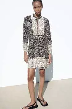 Короткое платье с принтом ZARA, черный/экру