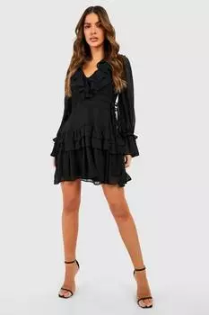 Короткое платье с присборенной талией и оборками на талии boohoo, черный
