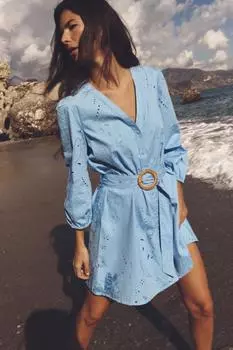 Короткое платье с прорезиненной вышивкой ZARA, небесно-синий
