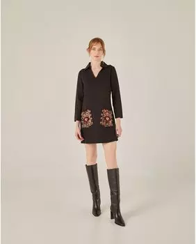 Короткое платье с рубашечным воротником и вышитыми карманами Niza, черный