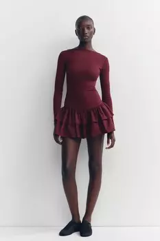 Короткое платье с воланами ZARA, бордовый