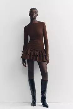 Короткое платье с воланами ZARA, коричневый