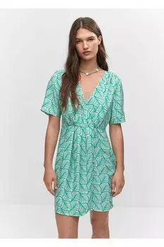 Короткое платье с запахом и рисунком Mango, бирюзовый