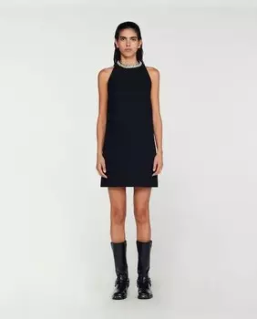 Короткое платье со стразами на шее Sandro, черный