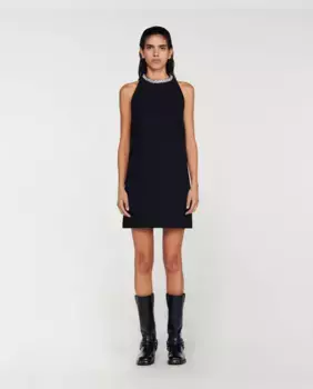 Короткое платье со стразами на шее Sandro, черный