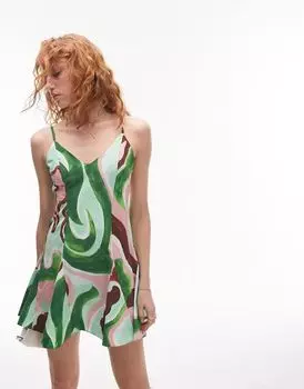 Короткое платье Topshop из поплина с завитками и годе