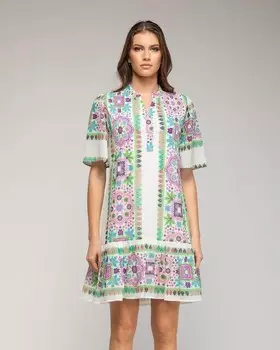 Короткое платье-туника с геометрическим принтом и этническими деталями Niza, белый