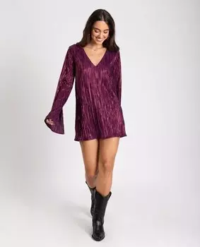 Короткое плиссированное платье с длинными рукавами The-Are, фиолетовый