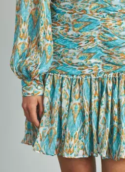 Короткое плиссированное платье с принтом, острым воротником и длинными буфчатыми рукавами Alma en Pena, синий