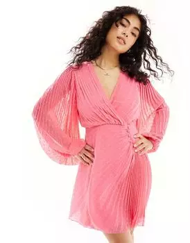 Короткое плиссированное платье с запахом и запахом ASOS из розового шифона добби с пуговицами