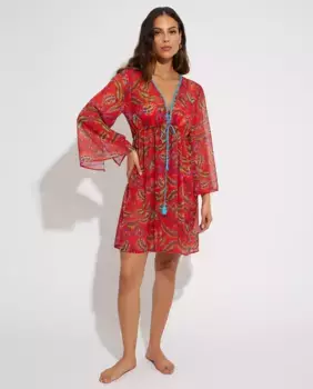 Короткое полупрозрачное пляжное платье с принтом Selmark, коралловый