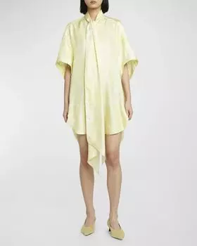 Короткое шелковое платье-туника с принтом перьев и шарфом на шее Stella McCartney, цвет Lime Sorbet
