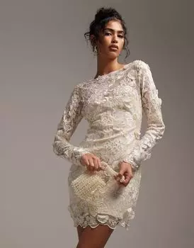 Короткое свадебное платье кремового цвета с длинными рукавами и вышивкой ASOS DESIGN