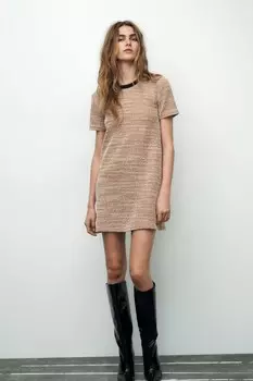 Короткое текстурное платье ZARA, коричневый/экрю