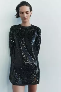 Короткое трикотажное платье с пайетками ZARA, черный