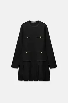 Короткое трикотажное платье с плиссами ZARA, черный