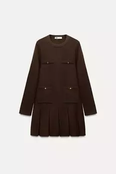 Короткое трикотажное платье с плиссами ZARA, коричневый