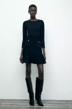 Короткое трикотажное платье с плиссами ZARA, темно-синий