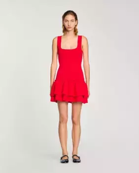 Короткое трикотажное платье с рюшами Sandro, красный