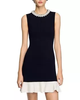 Короткое трикотажное платье с вышитым бисером вырезом Sandro, черный