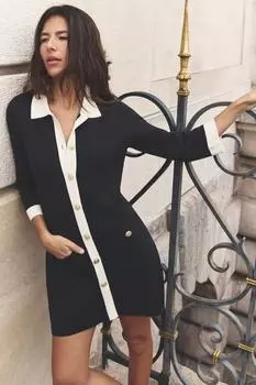 Короткое трикотажное платье с золотыми пуговицами ZARA, цвет Navy/White