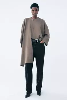 Короткое вязаное пальто с шарфом ZARA, коричневый/серо-коричневый