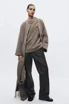 Короткое вязаное пальто с шарфом ZARA, норковый