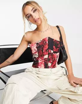 Корсет-бандо ASOS DESIGN с крючками и петлями с принтом красных роз