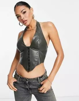 Корсет цвета хаки из искусственной кожи с завязками на шее ASOS DESIGN с крючками и петлями спереди ASOS DESIGN