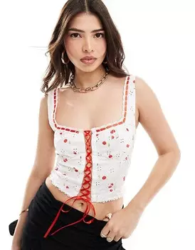 Корсетная майка ASOS Design – с вышивкой люверсов, контрастной шнуровкой и вишневым принтом